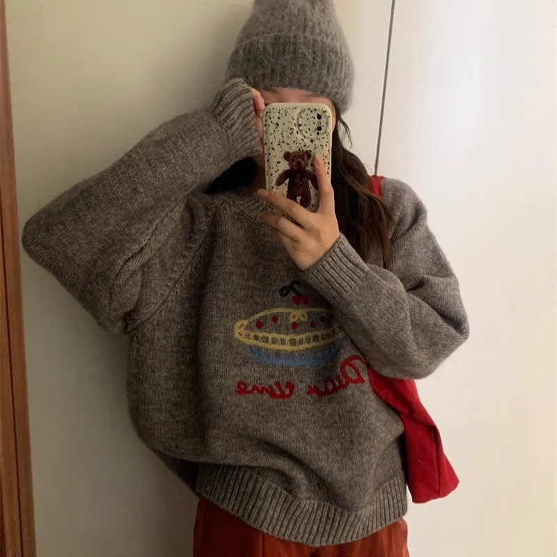 Women's loose fit round neck embroidered cartoon sweater in beige with long sleeves and acrylic spandex fabric