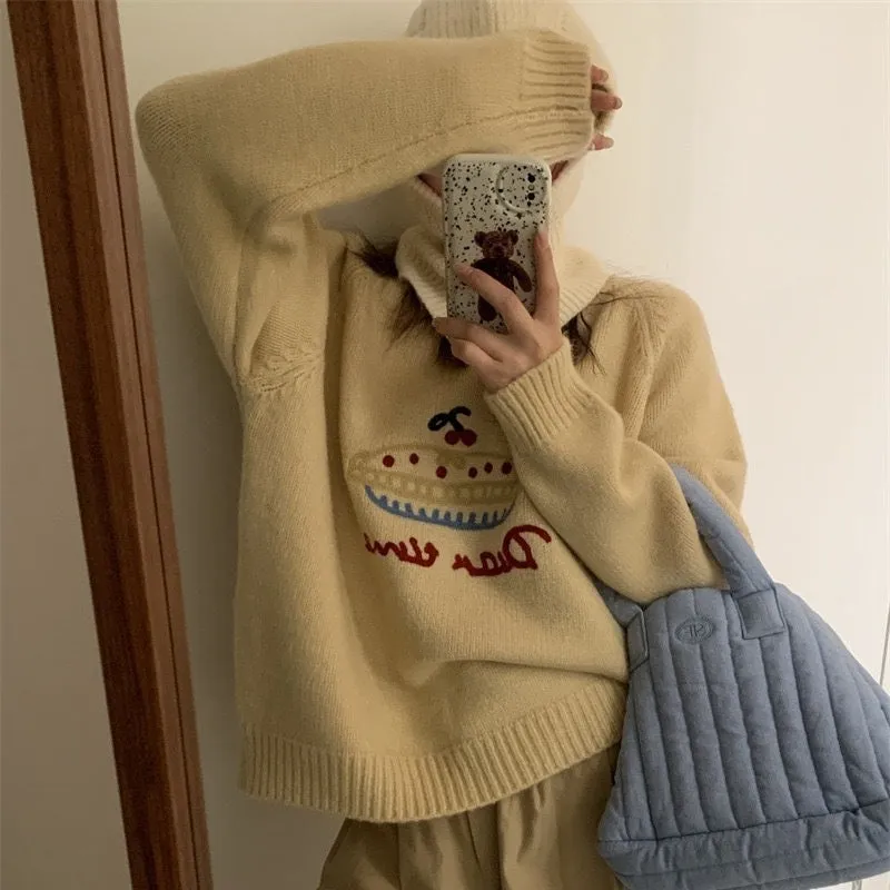 Women's loose fit round neck embroidered cartoon sweater in beige with long sleeves and acrylic spandex fabric