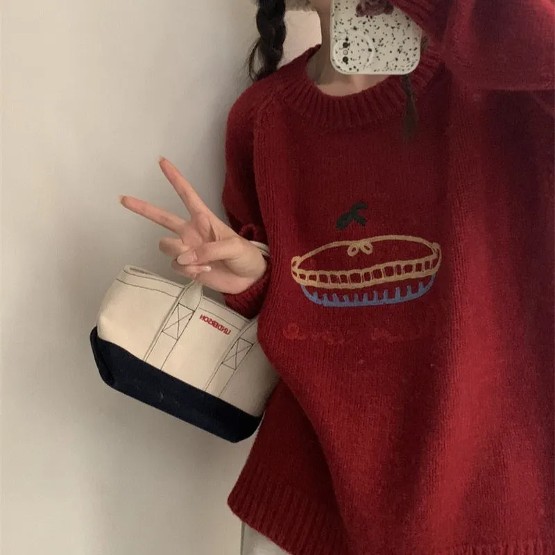 Women's loose fit round neck embroidered cartoon sweater in beige with long sleeves and acrylic spandex fabric