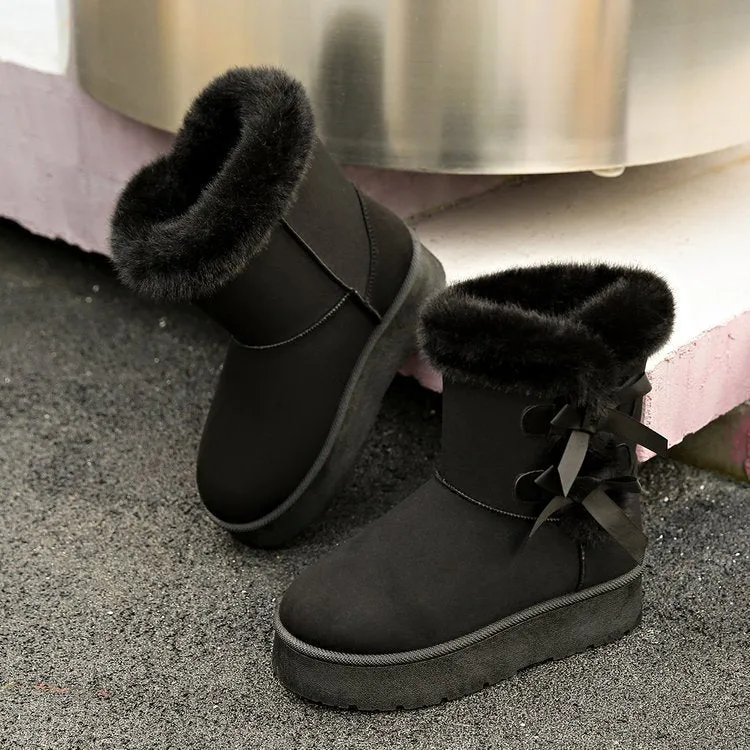 Women's bow retro fleece lined thickened ankle boots in suede with flat heel black beige brown