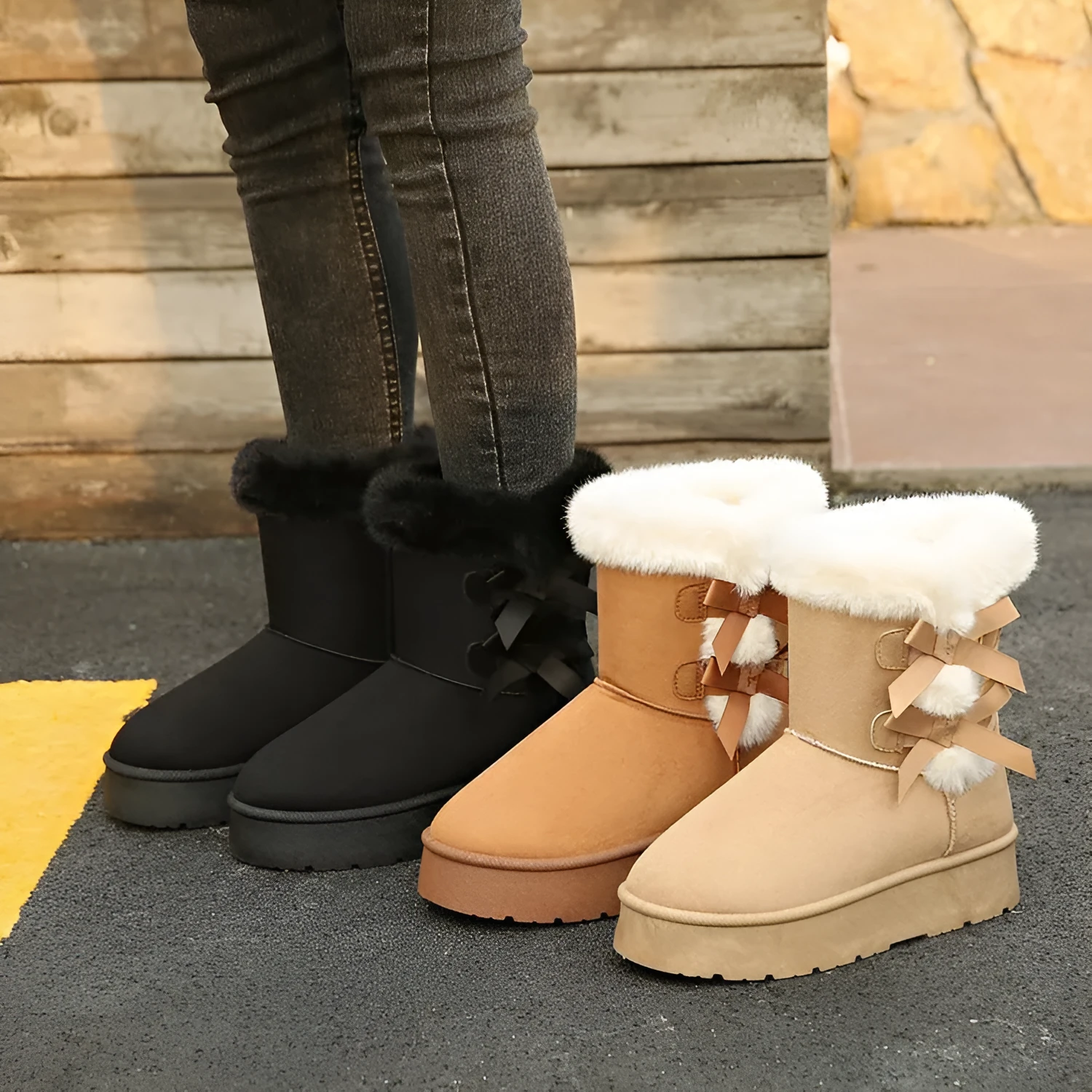 Women's bow retro fleece lined thickened ankle boots in suede with flat heel black beige brown
