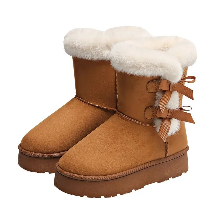 Women's bow retro fleece lined thickened ankle boots in suede with flat heel black beige brown