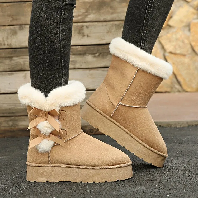 Women's bow retro fleece lined thickened ankle boots in suede with flat heel black beige brown