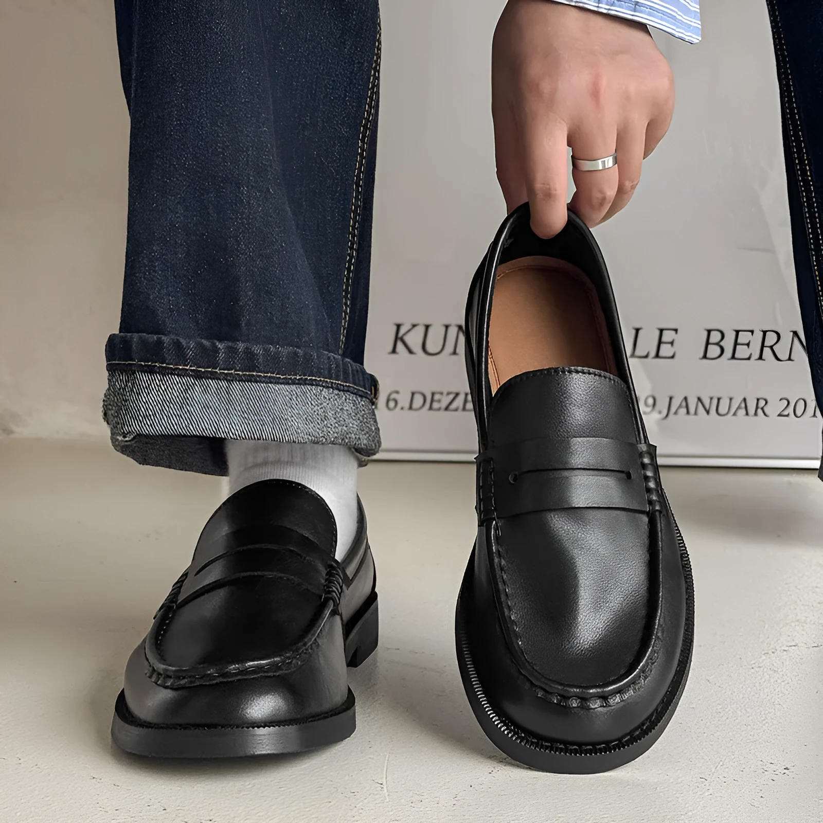 Men's slip-on casual shoe in microfiber with rubber sole, shown in apricot colour.