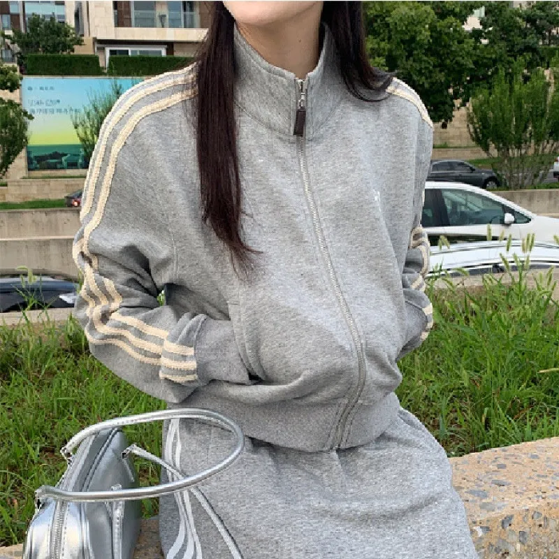 Retro baseball jacket for women slim fit solid colour navy blue polyester short length with pocket