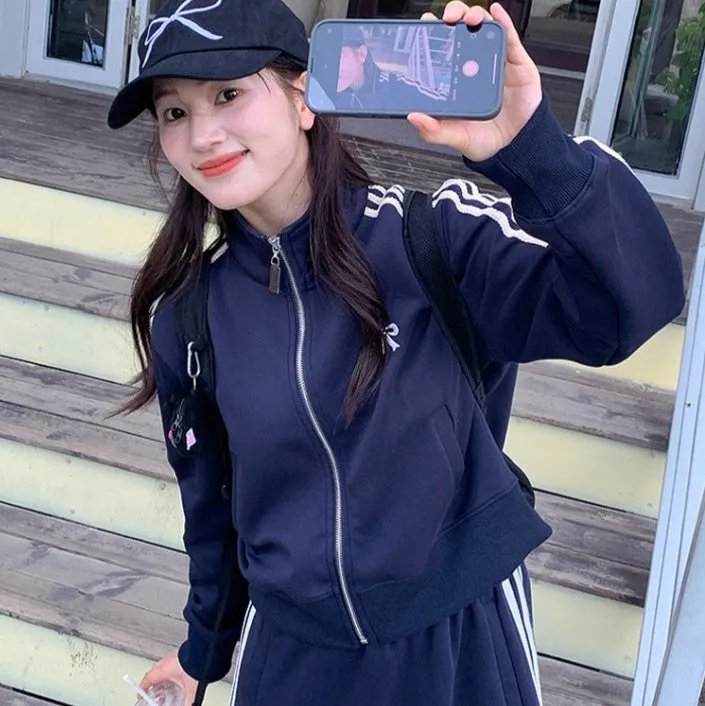 Retro baseball jacket for women slim fit solid colour navy blue polyester short length with pocket
