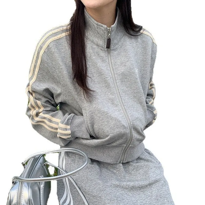 Retro baseball jacket for women slim fit solid colour navy blue polyester short length with pocket