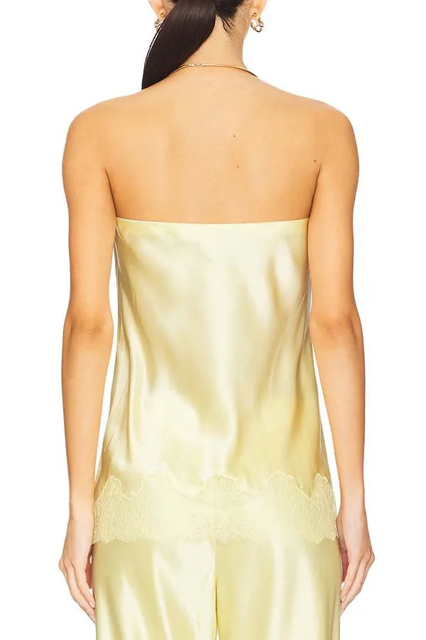 Light yellow strapless two-piece set with lace decoration and satin fabric