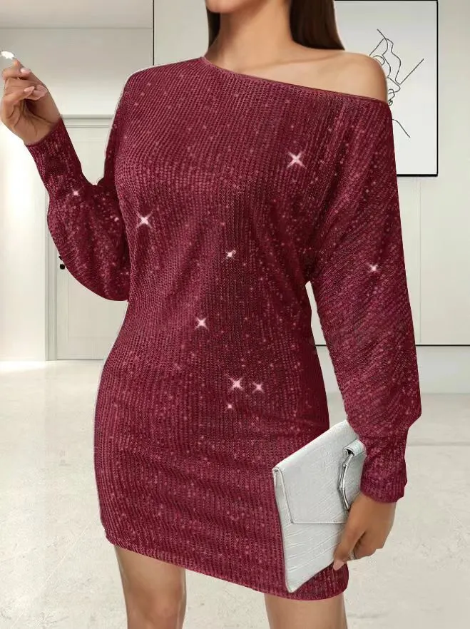 Sequin long sleeve midi dress with one shoulder and asymmetric hem in solid colour