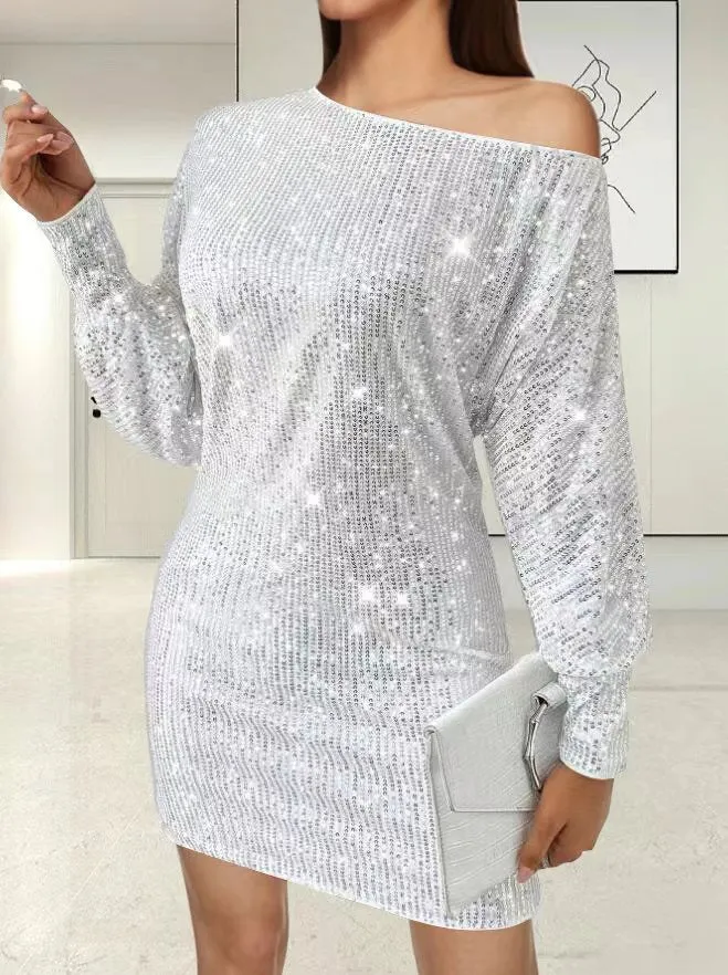 Sequin long sleeve midi dress with one shoulder and asymmetric hem in solid colour