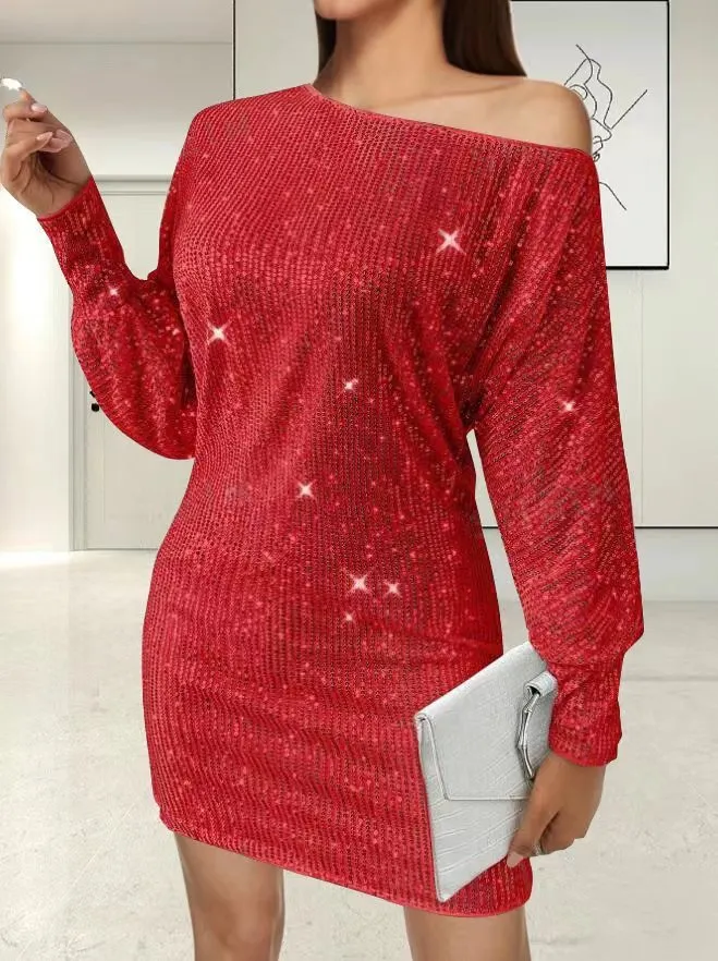 Sequin long sleeve midi dress with one shoulder and asymmetric hem in solid colour