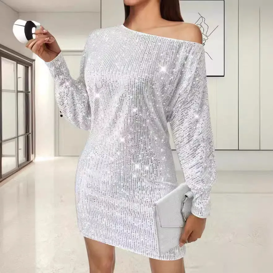 Sequin long sleeve midi dress with one shoulder and asymmetric hem in solid colour