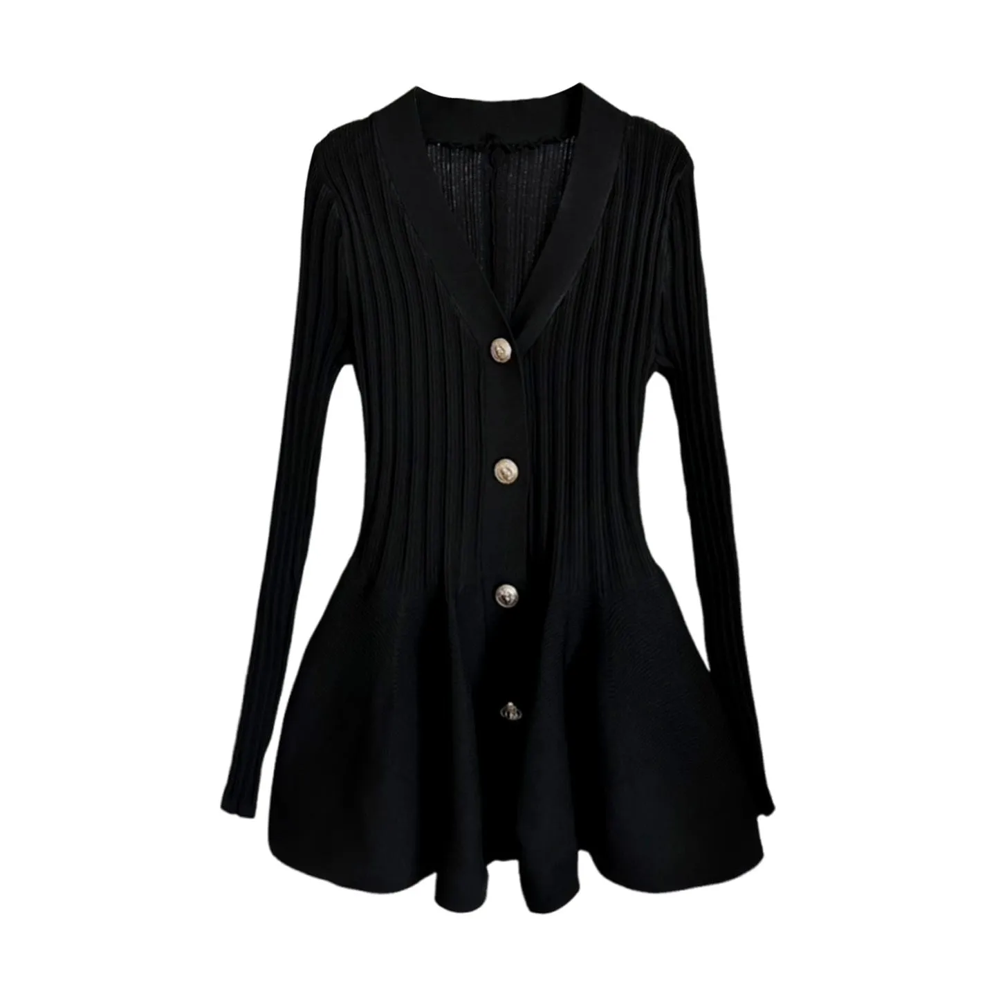 Slim-fit V-neck floral metal button wrap dress with bubble skirt in black polyester