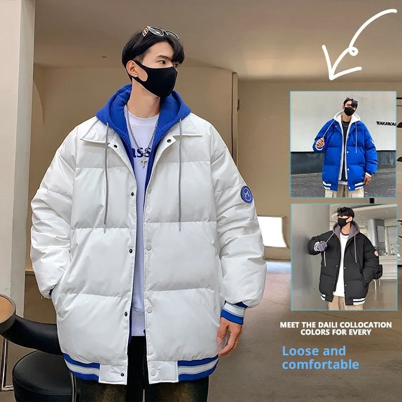 White duck down thickened couple coat in black, white and blue colours