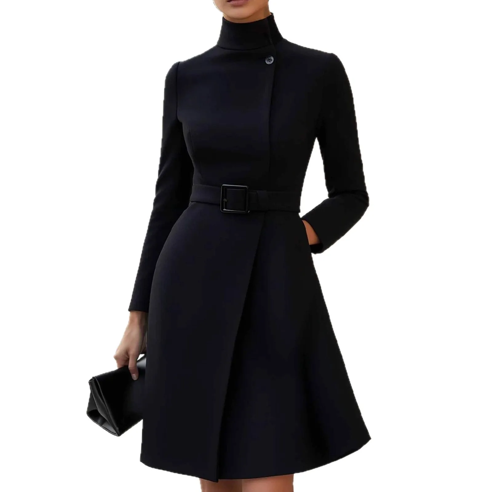 Women's long sleeve Bohemian dress with high waist and stand collar in black