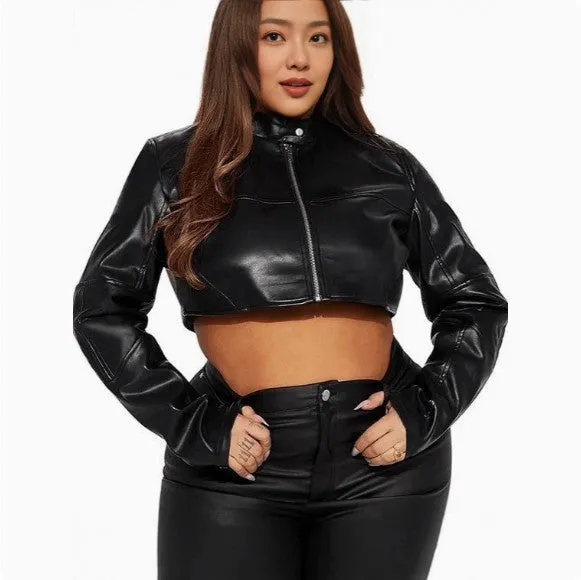 Women's cropped black PU leather biker jacket with zippers, ultra-short length, slim fit