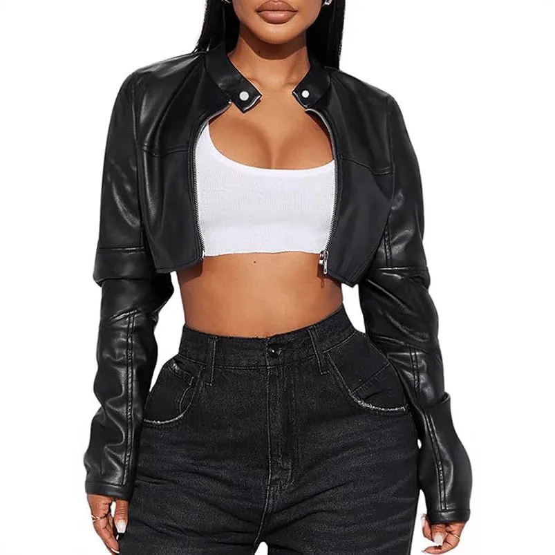 Women's cropped black PU leather biker jacket with zippers, ultra-short length, slim fit