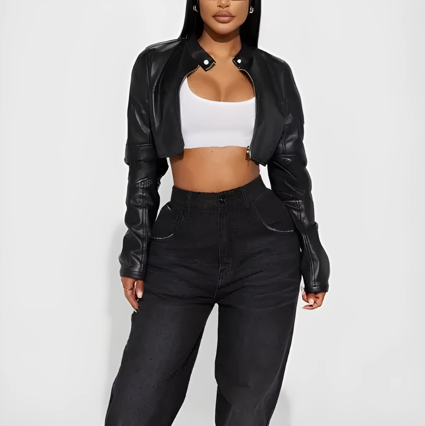 Women's cropped black PU leather biker jacket with zippers, ultra-short length, slim fit