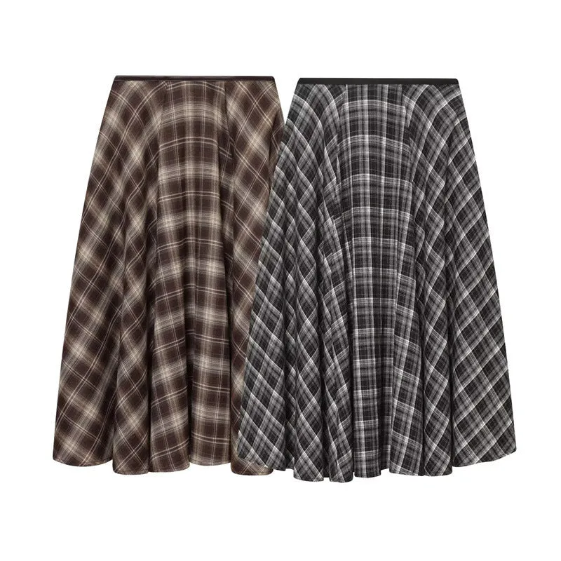 Women's loose plaid midi dress in brown with high-waisted half-skirt and check pattern on a white background