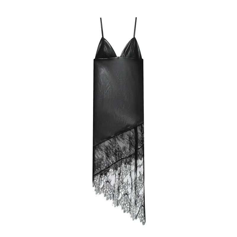 Women's black striped checkered lace leather suspender dress with asymmetrical short skirt and hooded top