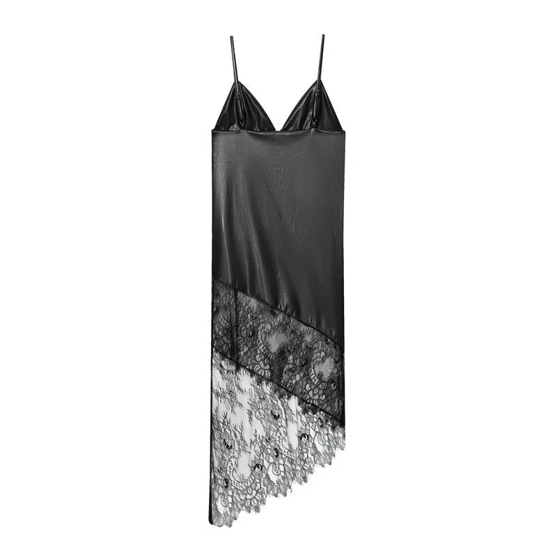 Women's black striped checkered lace leather suspender dress with asymmetrical short skirt and hooded top