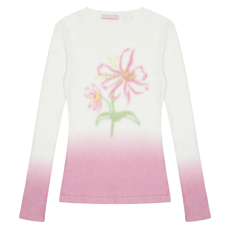 Women's gradient flower long-sleeved T-shirt in polyester available light pink yellow green