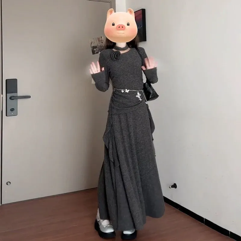 Lady's gray polyester knit long dress set with neck-hanging top and half-length skirt, preppy patchwork style
