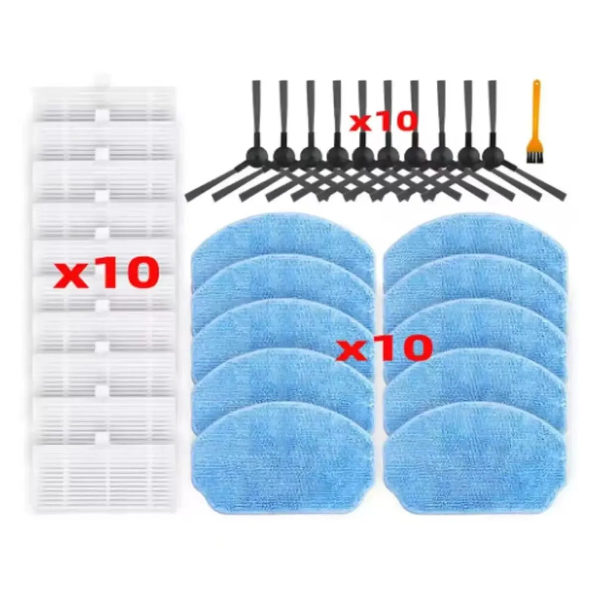 Haier TL30U1 replacement set with side brush, filter, cloth, and small yellow brush on a white background.