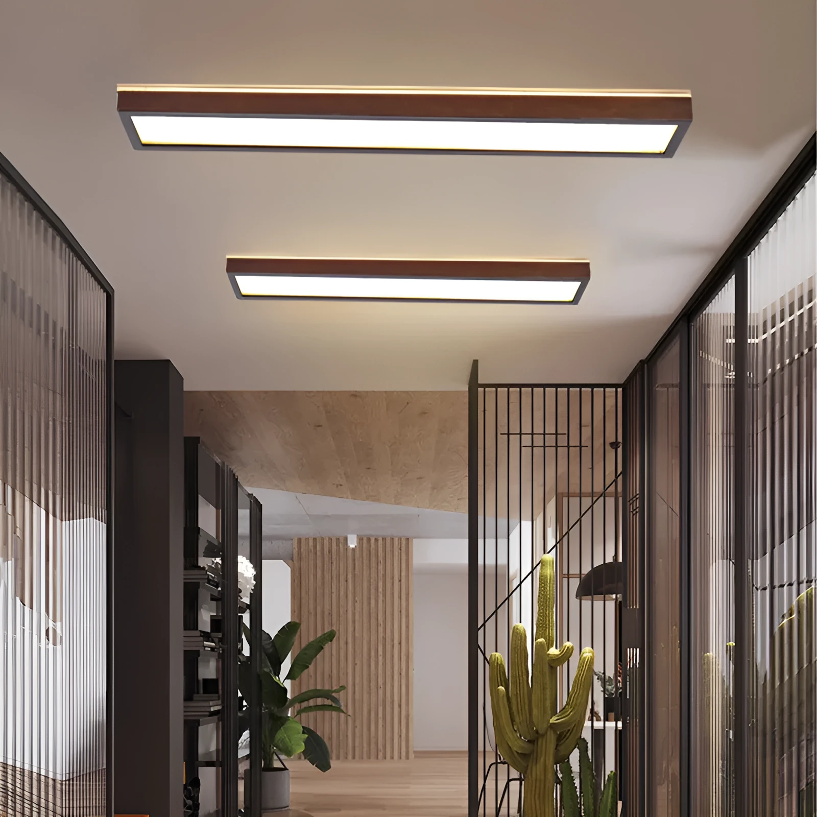 Solid wood balcony long ceiling lamp in New Chinese style, walnut colour, 120cm length with white light