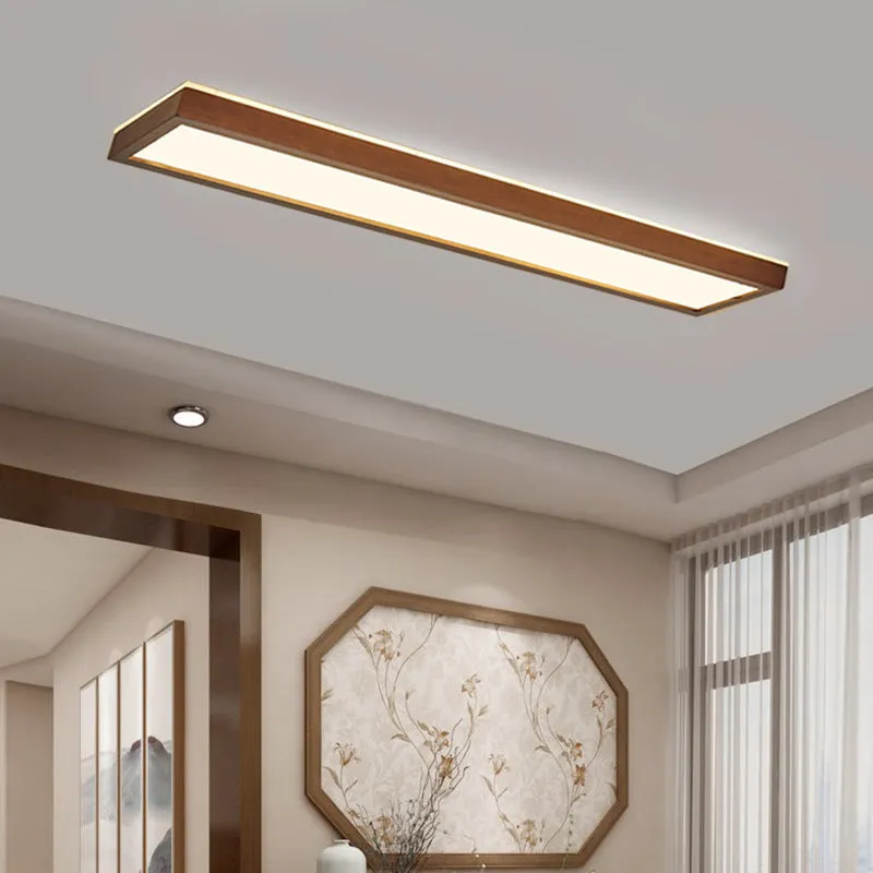 Solid wood balcony long ceiling lamp in New Chinese style, walnut colour, 120cm length with white light
