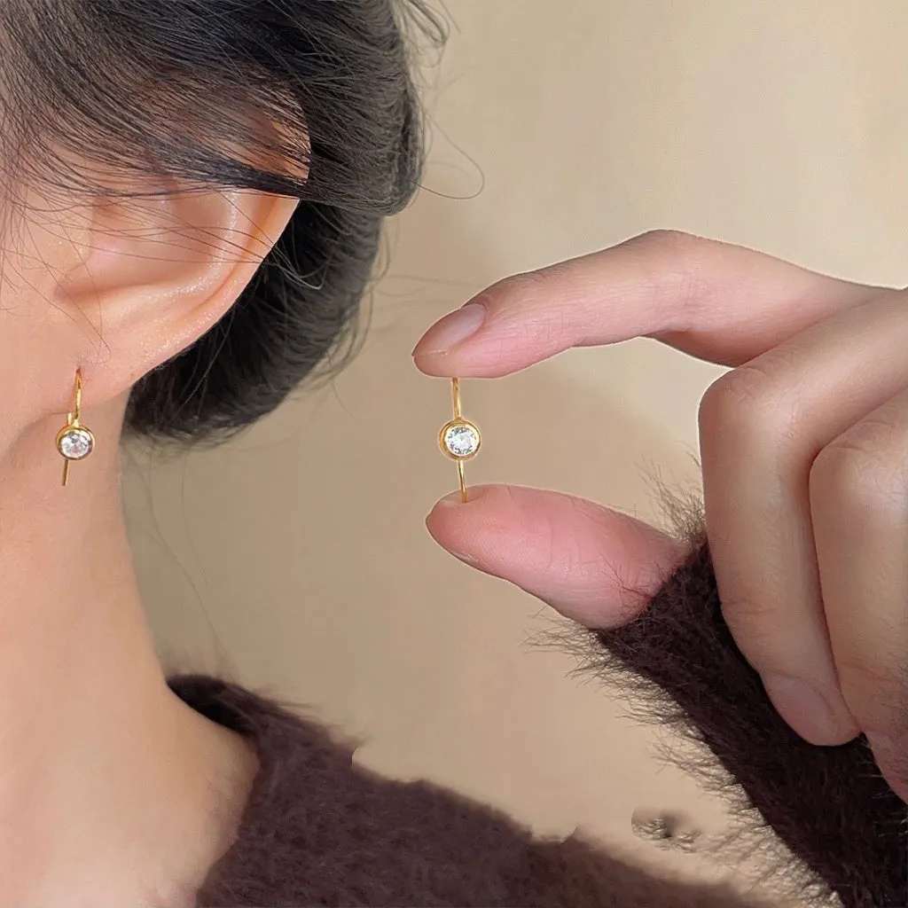Round zircon earrings for women, minimalist light luxury style, geometric shape