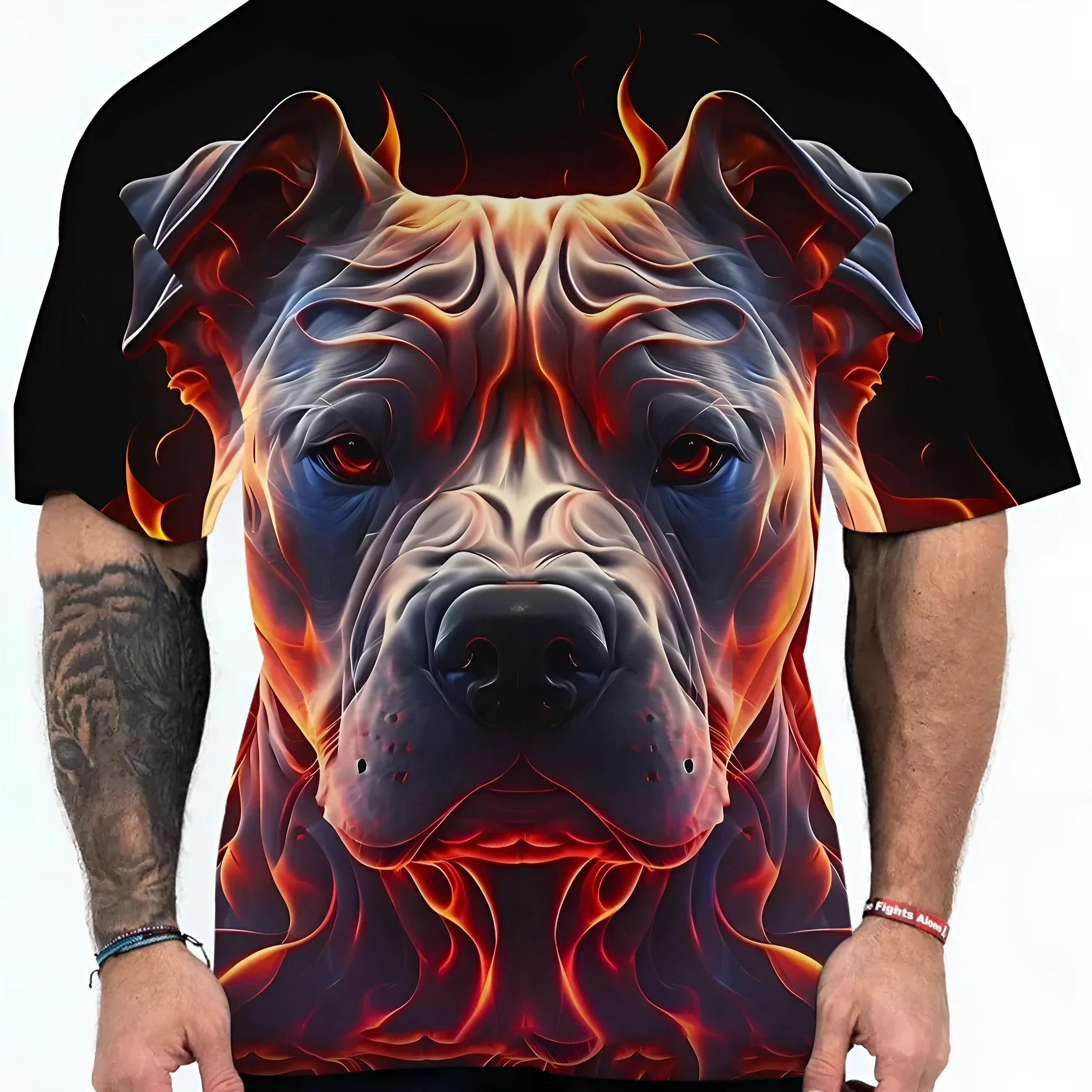 Men's grey T-shirt with a detailed digital print of dog head animal camouflage pattern on the front.