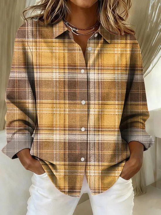 Check print women's long sleeve polyester shirt in solid colour, loose model fit