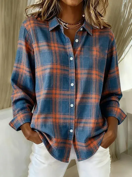 Check print women's long sleeve polyester shirt in solid colour, loose model fit