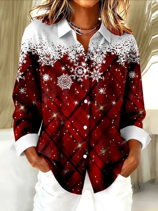 Check print women's long sleeve polyester shirt in solid colour, loose model fit
