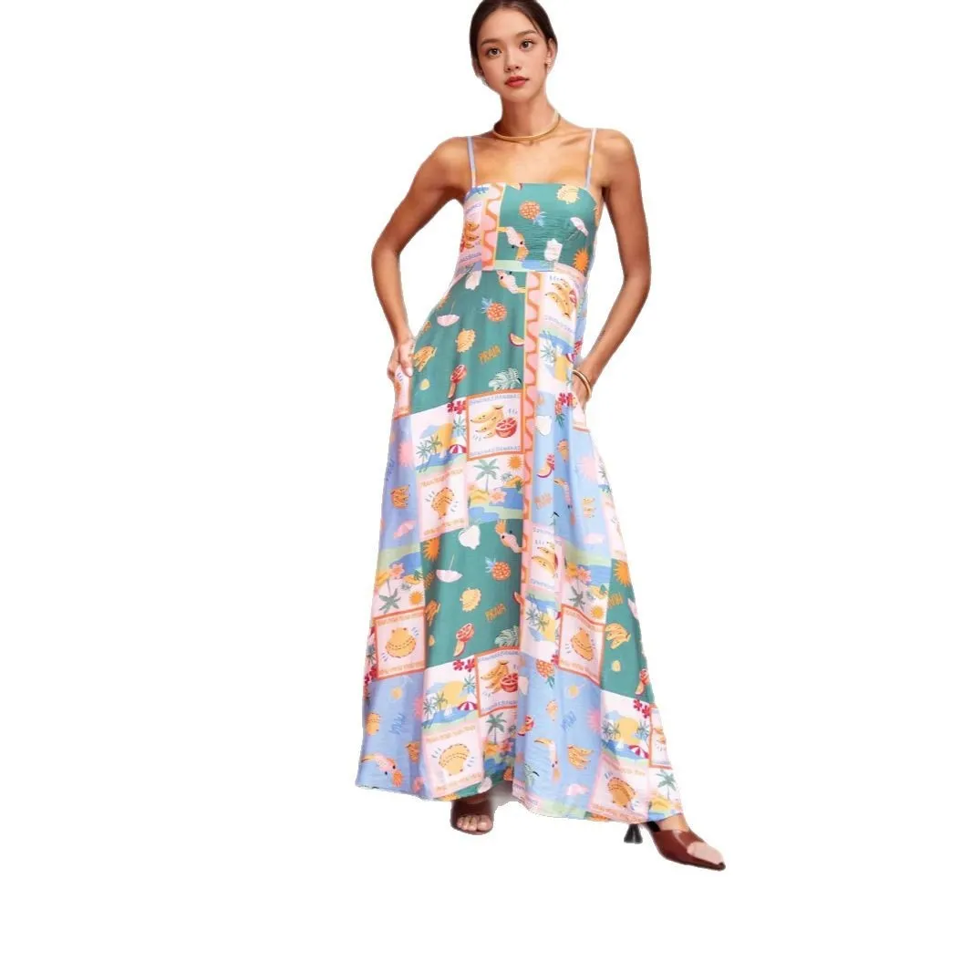 Women's green printed flared strap sleeveless long polyester dress with pockets on a model
