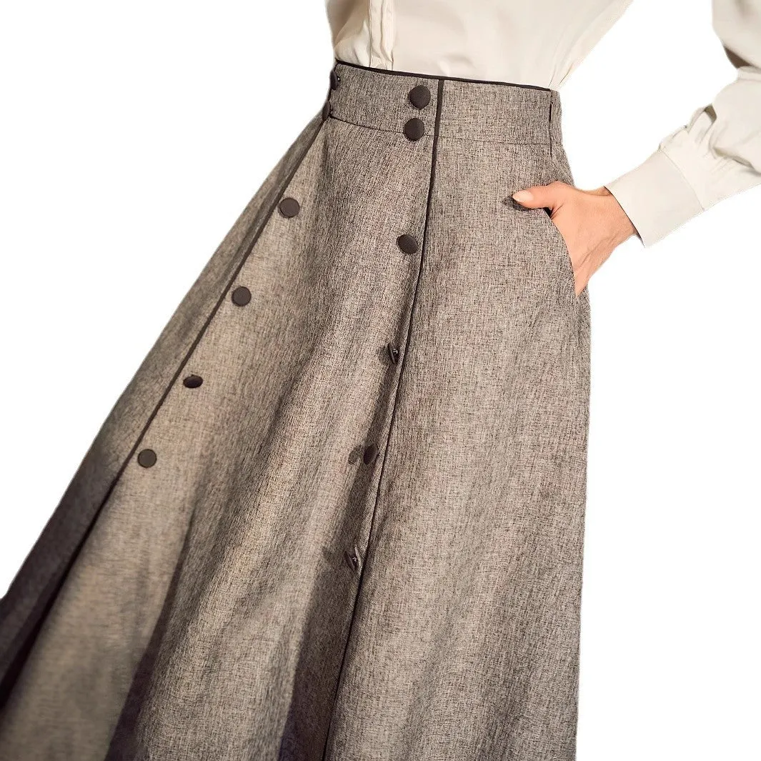 High-waisted slim A-line skirt for women in khaki with three-dimensional decoration, mid-length cut