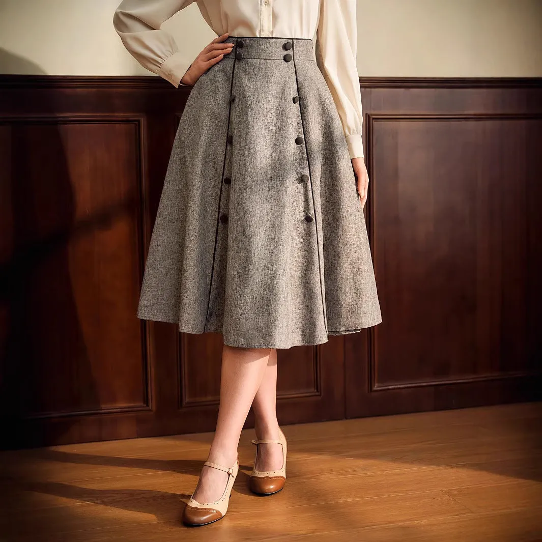 High-waisted slim A-line skirt for women in khaki with three-dimensional decoration, mid-length cut
