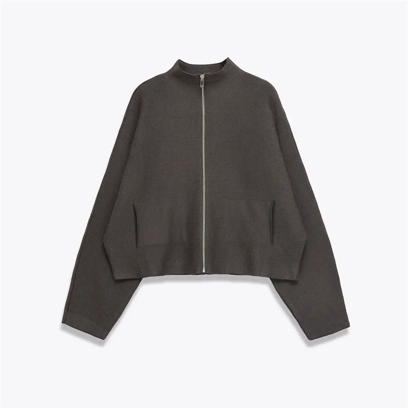 Women's stand collar zipper long sleeve knitted coat in striped pattern with contrast colour, regular fit casual cardigan pullover