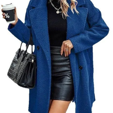 Women's mid-length coat with fur collar, button front, and side pockets in black