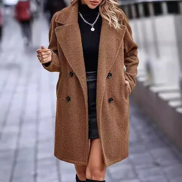 Women's mid-length coat with fur collar, button front, and side pockets in black