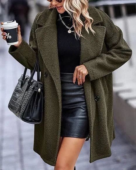 Women's mid-length coat with fur collar, button front, and side pockets in black