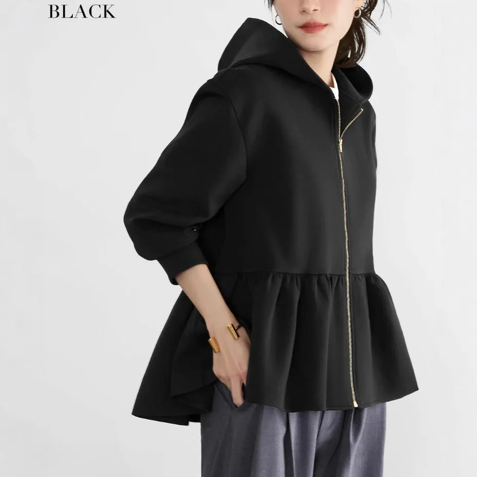 Japanese Korean style women's hooded sweatshirt jacket in gray, loose fit with petal sleeves