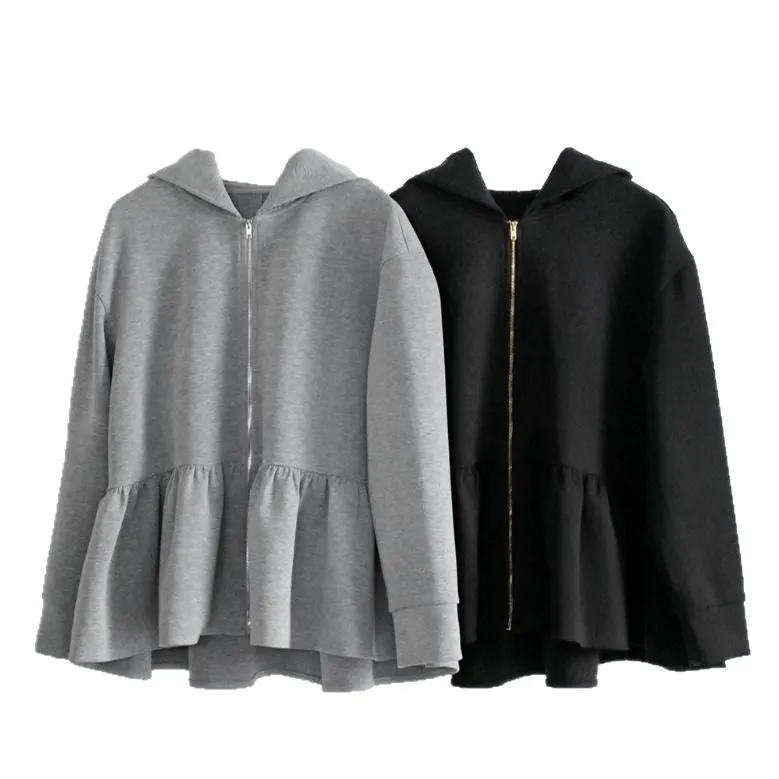 Japanese Korean style women's hooded sweatshirt jacket in gray, loose fit with petal sleeves