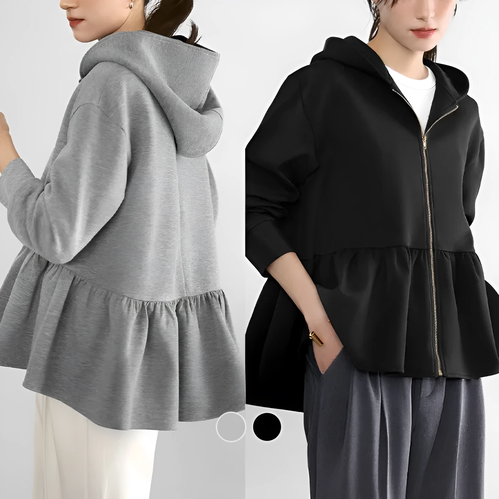 Japanese Korean style women's hooded sweatshirt jacket in gray, loose fit with petal sleeves