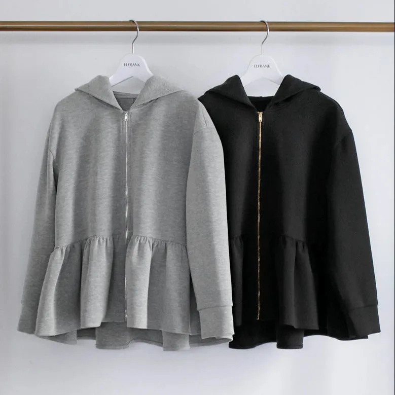 Japanese Korean style women's hooded sweatshirt jacket in gray, loose fit with petal sleeves
