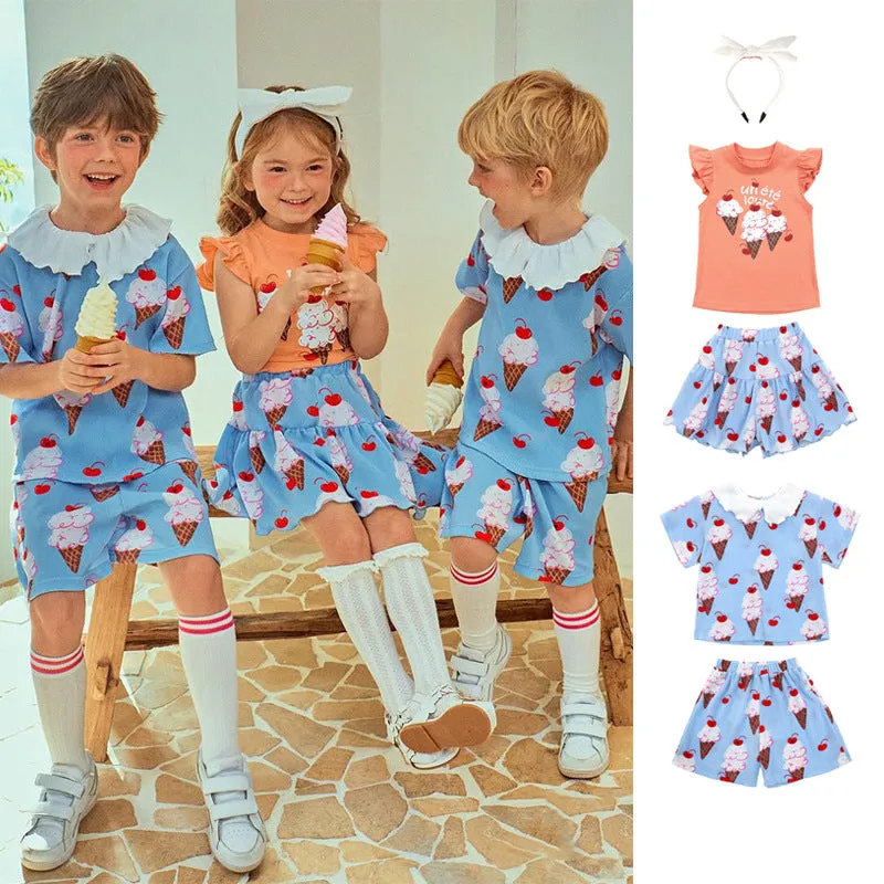 Children's ice cream pleated T-shirt shorts Korean set in BE Blue Suit on child model front view
