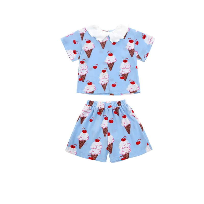 Children's ice cream pleated T-shirt shorts Korean set in BE Blue Suit on child model front view