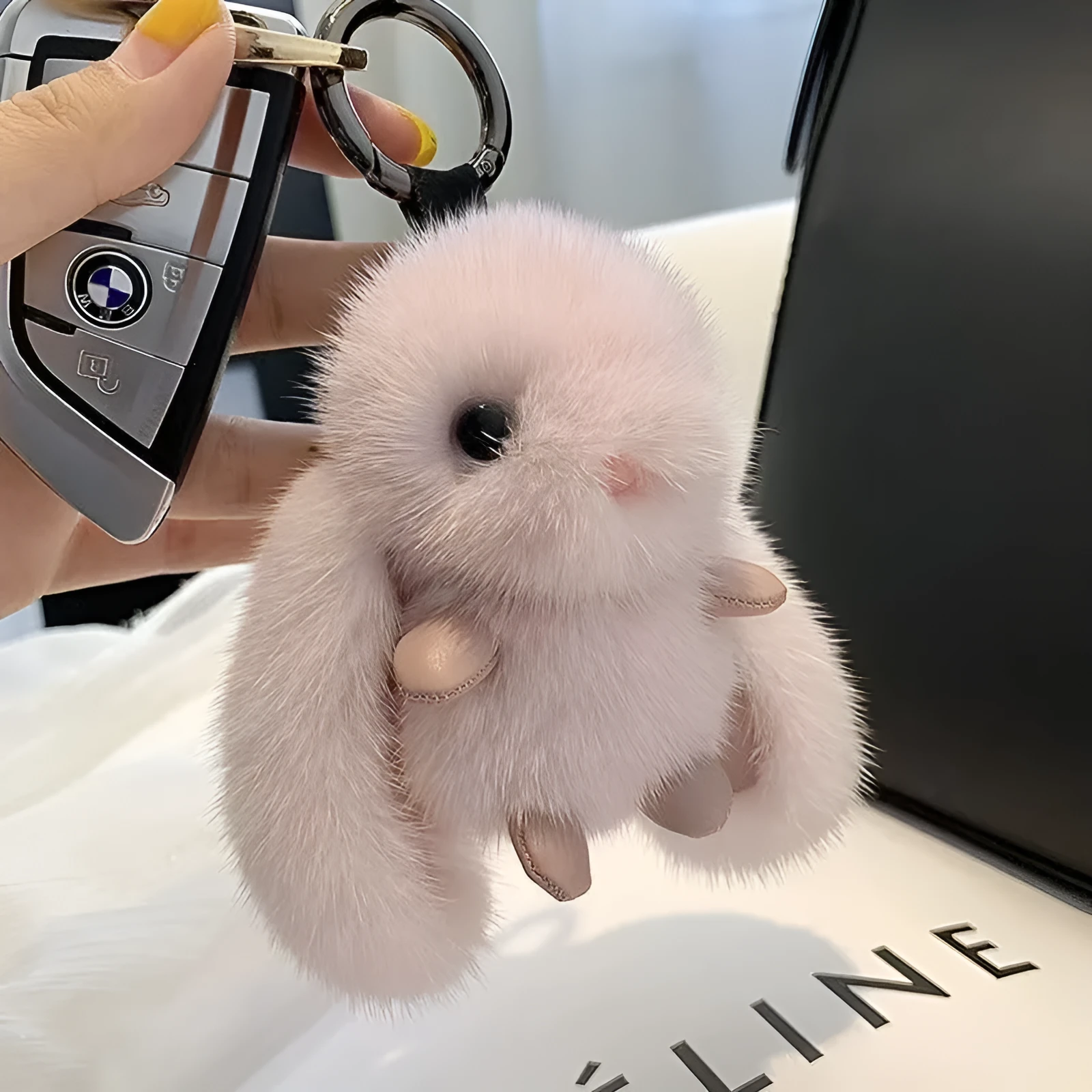 Mink plush bunny pendant keychain in pink with soft plush surface and compact shape