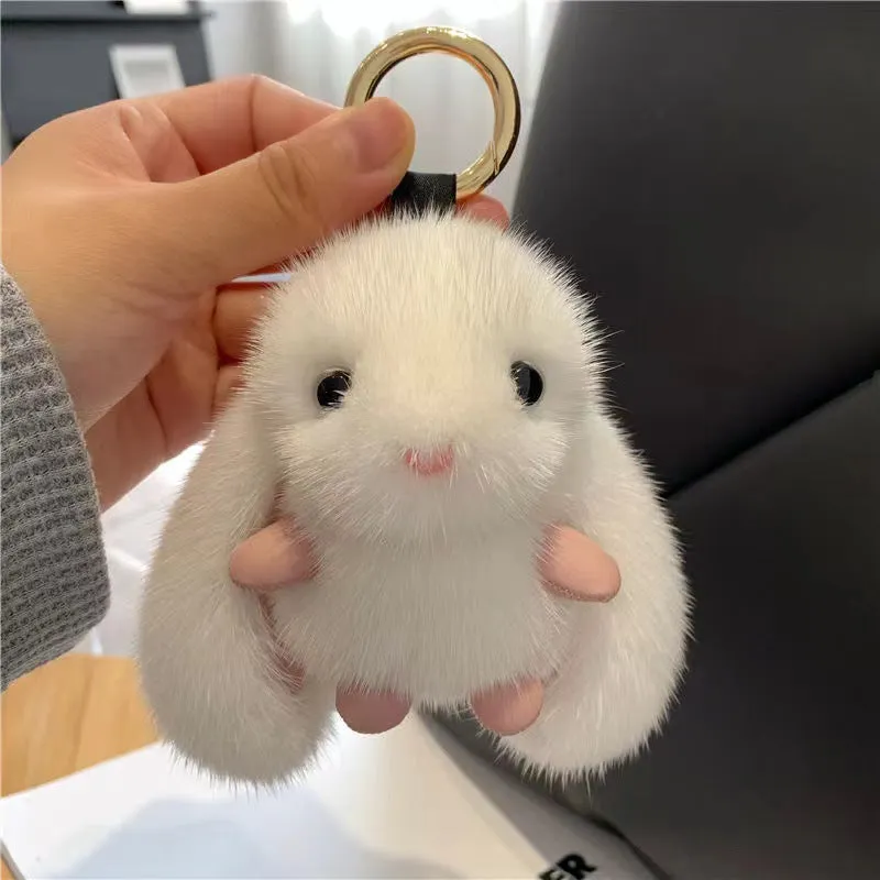 Mink plush bunny pendant keychain in pink with soft plush surface and compact shape